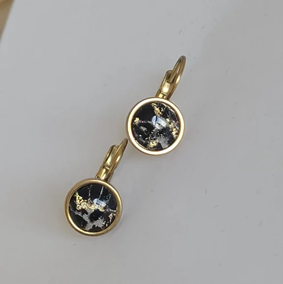 Elegant Hand Crafted Boho Black Gold Gemstone Marble Circle Drop Dangle Earrings - Picture 8 of 13